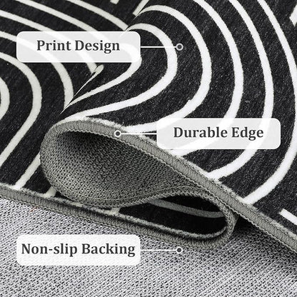 Washable Rug 2x3 Area Rugs for Entryway, Abstract Rug for Bedroom, Soft Rainbow Non Slip Small Area Rug with Rubber Back, Low Pile Stain Resistant Boho Geometric Carpet for Dining Room, Black