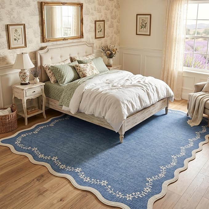 GarveeHome 5x7 Scalloped Area Rug Navy Blue Washable Rugs for Living Room Bedroom, Soft Low Pile Non Slip Accent Floor Mat Solid Floral Print Throw Rug Indoor Carpet for Dorm Playroom