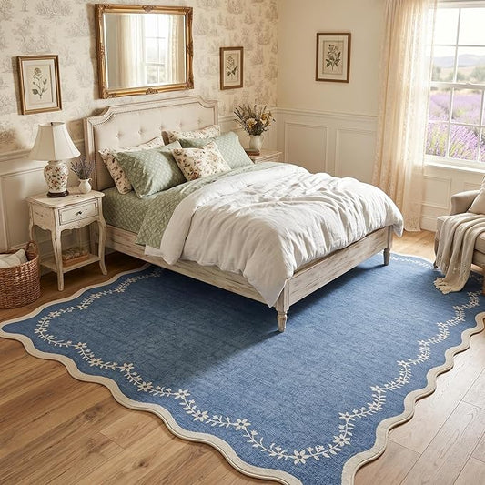 GarveeHome 5x7 Scalloped Area Rug Navy Blue Washable Rugs for Living Room Bedroom, Soft Low Pile Non Slip Accent Floor Mat Solid Floral Print Throw Rug Indoor Carpet for Dorm Playroom