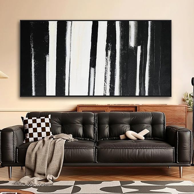 Framed Abstract Canvas Wall Art - Large Minimalist Stripes Black & White - Modern Wall Decor for Living Room, Bedroom, Kitchen & Office - 29"58"