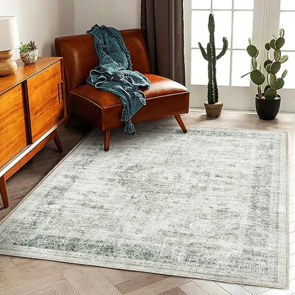 CHAMPLANT Area Rug 5'x7' Washable Rug Floral Green Vintage Traditional Floor Cover Thin Retro Kitchen Indoor Distressed Non Slip Carpet for Living Room Bedroom Dining Room