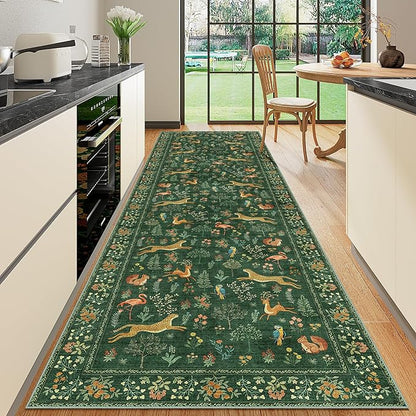 DUKINO 3x10 Washable Runner Rug for Hallway, Lightweight Loog Kitchen Rug with Low Pile Design, Vintage Animal Non Shedding Thin Indoor Carpet for Entryway, Bathroom, Bedroom, Laundry Room, Green
