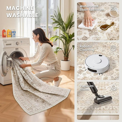 zesthome 8x12 Area Rugs,Stain Resistant Washable Rug,Ultra-Thin Rugs for Living Room,Bedroom,Non-Slip Backing Home Decor Large Area Rug (Cream/Beige,8'x12')