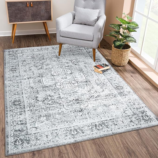 Bloom Rugs Washable Non-Slip 5' x 7' Rug - Gray/Charcoal Traditional Medallion Area Rug for Living Room, Bedroom, Dining Room, and Kitchen - Exact Size: 5' x 7'