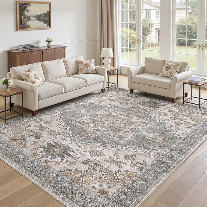 8x11 Washable Area Rugs for Living Room: Non Slip Vintage Gray Brown Rug, Large Soft Stain Resistant Indoor Floor Carpets for Bedroom Dining Room Nursery Home Office Kid & Pet Friendly