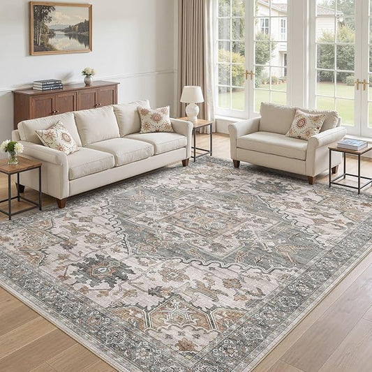 8x11 Washable Area Rugs for Living Room: Non Slip Vintage Gray Brown Rug, Large Soft Stain Resistant Indoor Floor Carpets for Bedroom Dining Room Nursery Home Office Kid & Pet Friendly