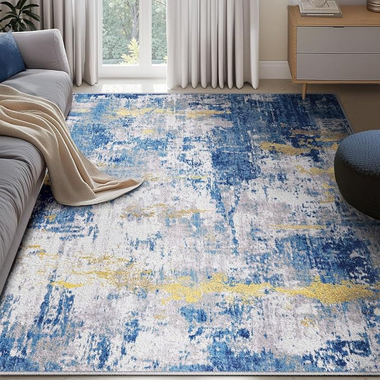 RELEANY Washable Area Rugs 5'x7' Non-Slip Modern Abstract Soft for Living Room Entryway Bedroom Nursery, Print Pattern, Grey Blue Gold/Golden
