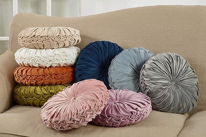 SARO LIFESTYLE Round Velvet Pintucked Poly Filled Throw Pillow