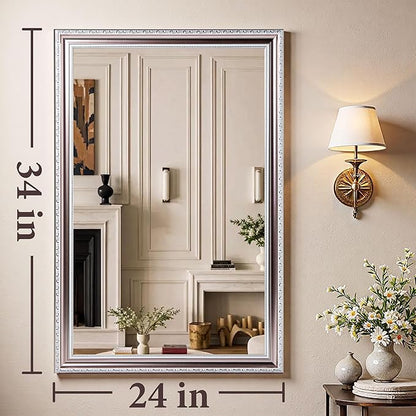 ROLOVE 24x34 Inch Brushed Rose Gold Frame Mirror for Wall, Ornate Baroque Wall Mirror, Large Vintage Decorative Mirror for Mantel & Bathroom, Waterproof Frame, Tempered Glass (Champagne Pink Hue)