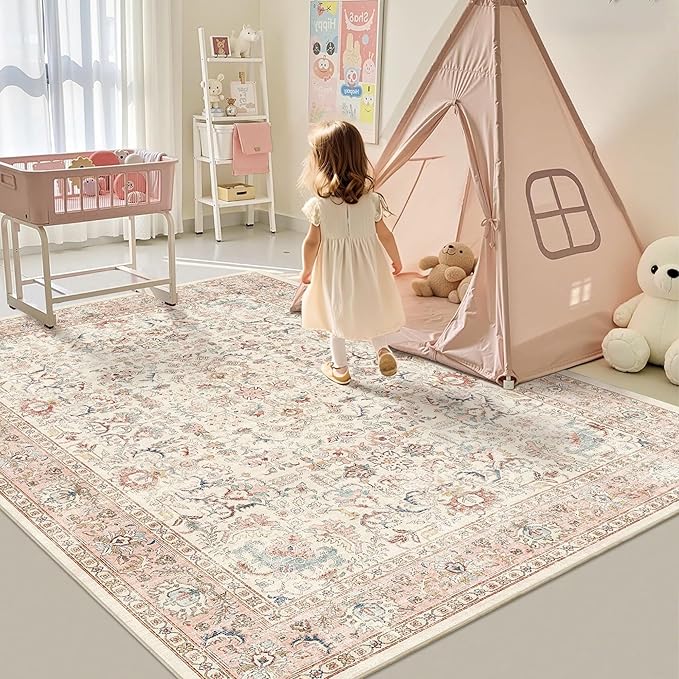 5x7 Pink Washable Area Rugs for Living Room Non Slip Low Pile Vintage Boho Throw Rug Soft Retro Distressed Floral Carpet Indoor Farmhouse Decor for Bedroom Dining Room Office Kitchen Playroom
