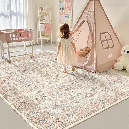5x7 Pink Washable Area Rugs for Living Room Non Slip Low Pile Vintage Boho Throw Rug Soft Retro Distressed Floral Carpet Indoor Farmhouse Decor for Bedroom Dining Room Office Kitchen Playroom