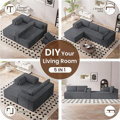 106" Cloud Sectional Boneless Couches for Living Room, Modular L Shaped Couch with Deep Seat Oversized Right Facing Chaise, Memory Foam Compressed Spineless 3 Seater Sofa for Apartment, Grey