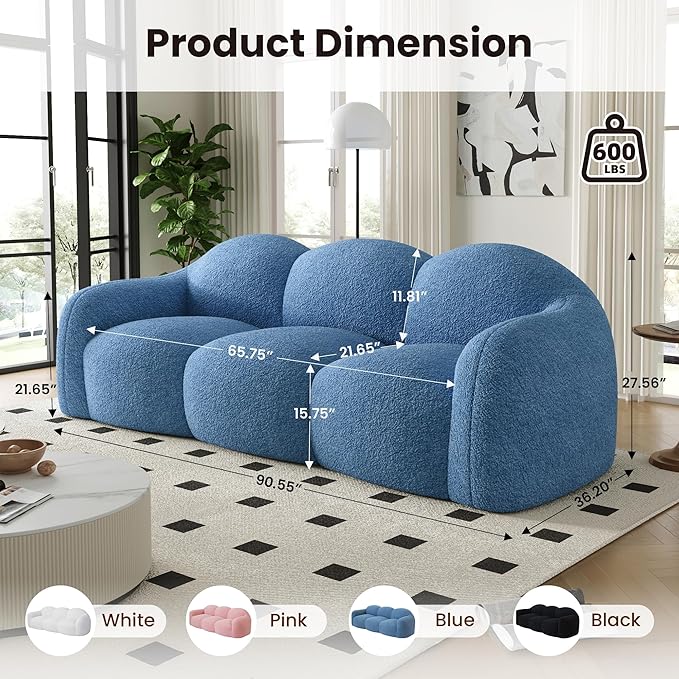 90" Modern Teddy Velvet Sofa Couch – One-Piece Memory Foam 3-Seater Sofa with Rounded Arms, Soft & Cozy Upholstery for Living Room