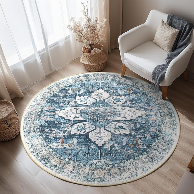 BESTSWEETIE 4ft Area Rug Washable Rugs for Living Room, No Pile Boho Carpet for Entryway Bedroom Dinning Room, Vintage Carpet Print Distressed Non-Slip, 48" Round, Blue Navy