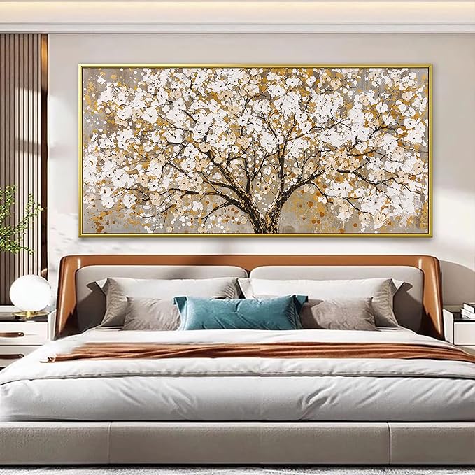 Large Gold Framed Wall Art Print Gold Abstract Tree Of Life Framed Modern Artwork Canvas Painting Gold Tree Pictures Home Decor Ready To Hang For Bedroom Living Room 29" X 58"