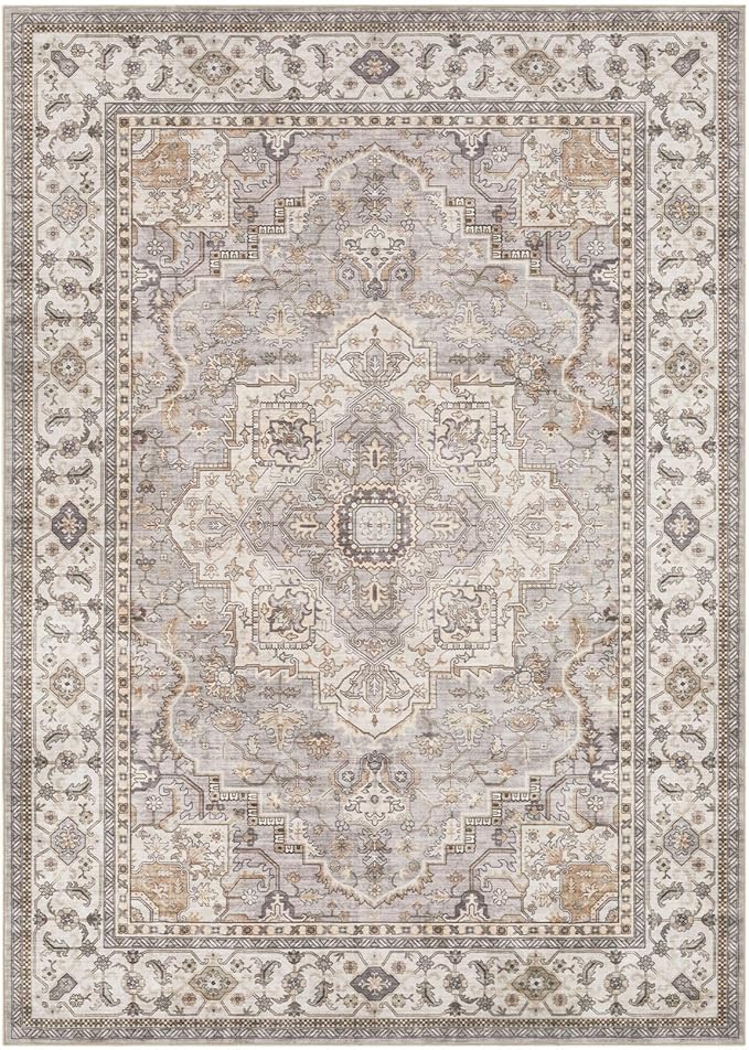EIEIHOUSE Washable Area Rugs for Living Room - 10x14 Neutral Vintage Distressed Floral Farmhouse Boho Large Soft Floor Rug Indoor Non Slip Carpet for Bedroom Dining Room Office - Grey Brown