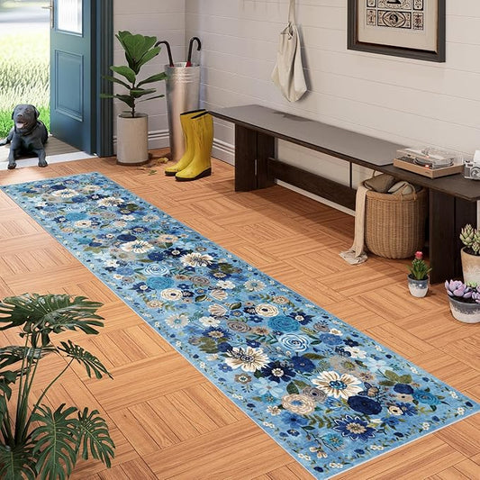 Floral Hallway Runner Carpet Non-Slip, 2x10 Washable Rug Ultra-Thin Soft for Hallways, Kitchen Mat Stain Resistant for Entryway Bathroom, Blue Garden