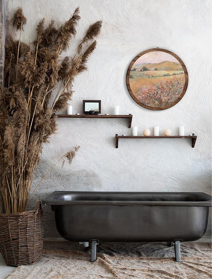 Vintage Spring Floral Field Landscape Hanging Wall Art, Meadow Flowers Vintage Round Wooden Wall Decor, Flower Field Scene Western Boho Decorations for Home Living Room Bedroom Bathroom Office, 18