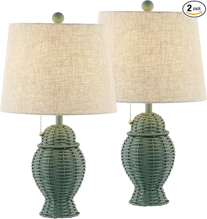 JONATHAN Y 20.5" Green Wicker Table Lamp Set of 2, Bohemian Rustic Farmhouse Bedside Lamps for Living Room, Nightstand Desk Lamps with Beige Linen Shade, LED Bulbs Included (JYL4041C-SET2)