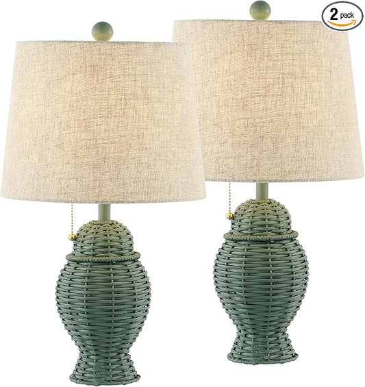 JONATHAN Y 20.5" Green Wicker Table Lamp Set of 2, Bohemian Rustic Farmhouse Bedside Lamps for Living Room, Nightstand Desk Lamps with Beige Linen Shade, LED Bulbs Included (JYL4041C-SET2)