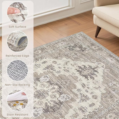 EIEIHOUSE Washable Area Rugs for Living Room - 7x9 Neutral Vintage Distressed Floral Farmhouse Boho Large Soft Floor Rug Indoor Non Slip Carpet for Living Room Bedroom Dining Room Office -Brown/Beige