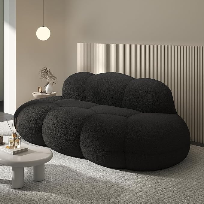 Modern Curved Sofa, 3 Seater, Soft Sherpa Upholstered Sofa, Minimalist Style Comfy Cloud Couch for Living Room Apartment, Black