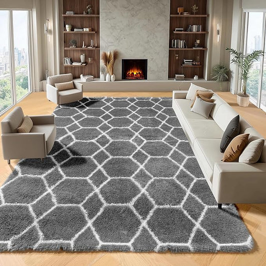 ONASAR 8x10 Area Rugs for Living Room, Fluffy Grey and White Bedroom Rug, Geometric Boho Large Soft Plush Shaggy Fuzzy Floor Carpet for Nursery Kids Classroom Playroom Dorm Home Decor