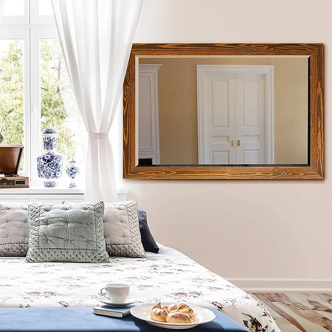Renditions Gallery Rustic Horizontal Wooden Maple Frame Body Mirror Decor Aesthetic Wall Mounted Rectangle Farmhouse Vanity Mirror for Living Room Bedroom Bathroom - 41"x29" LT07