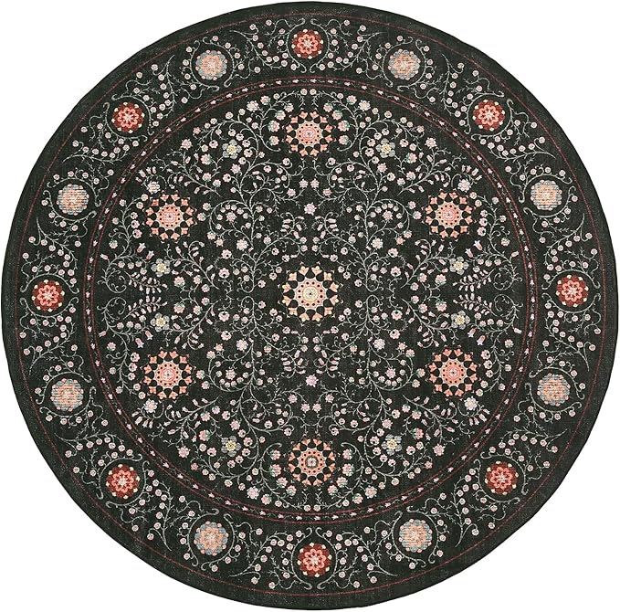 GarveeHome Boho Round Rug 4ft for Bedroom Non Slip, Vintage Botanical Circle Rugs Washable Area Rug for Kitchen Stain Resistant, Low Pile Soft Black Circular Carpet for Nursery Entryway
