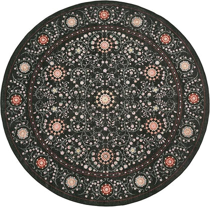 GarveeHome Boho Round Rugs 6ft for Living Room Non Slip, Vintage Botanical Circle Rug Washable Area Rug for Dining Room Stain Resistant, Low Pile Soft Black Circular Carpet for Nursery Kitchen