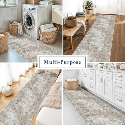 2x12 ft Long Hallway Runner Rug - Non-Slip Washable Soft Carpet Runners for Kitchen Hall Entryway Bathroom, Modern Abstract Neutral Low Pile Thin Stain-Resistant Floor Runner with Rubber Backing