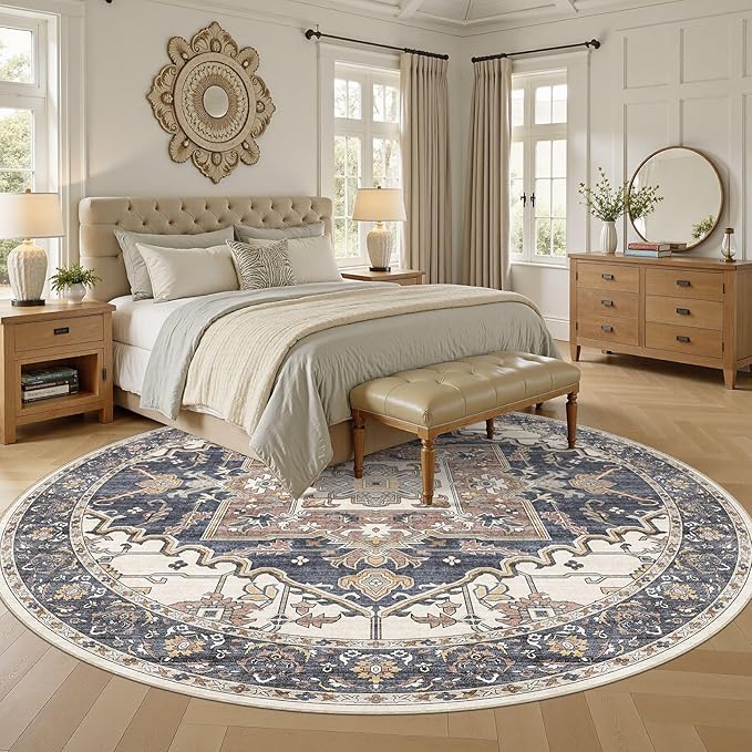8ft Round Rug for Living Room: 8x8 Washable Vintage Blue Beige Area Rug, Large Non Slip Soft Stain Resistant Indoor Floor Carpet for Bedroom Dining Decor Home Office Kid & Pet Friendly