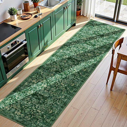 Dark Green 2x10 Runner Rug for Hallways Bed Side Kitchen, Boho Washable Distressed Low-Pile Floor Entryway Long Bathroom Mat, Non-Slip Laundry Room Washstand Front Carpet Green 24x120 Inch