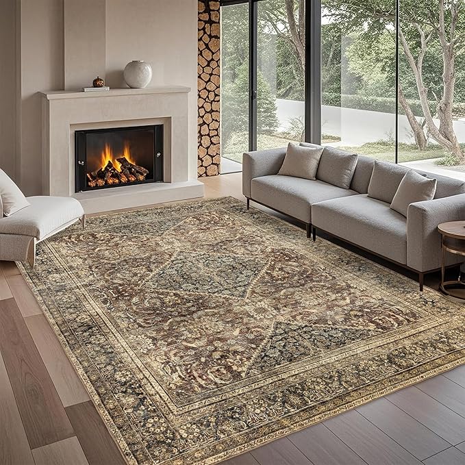 Washable 5x7 Area Rug: Vintage Brown Rugs for Living Room Bedroom Dining Room Office Indoor - Soft Non-Slip Large Carpet Home Decor - Oriental Dark Brown