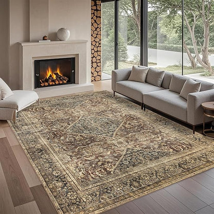 Brown 8x10 Area Rug: Vintage Washable Rugs for Living Room Dining Room Office Bedroom Indoor - Soft Non-Slip Large Carpet Home Decor - Oriental Dark Brown