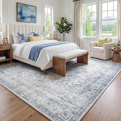 FMFUNCTEX 8x10 Blue Washable Area Rug Vintage Distressed Oriental Non Slip Low Pile Neutral Indoor Carpet for Living Room Bedroom Soft Retro Floral Thin Large Rug for Dining Nursery Office Dorm