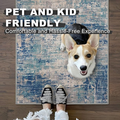 KILOCOCO Abstract Small Area Rug 2x3 Entryway Rug Washable Kitchen Rugs Door Mat Indoor Entrance Soft Pinted Non Slip Throw Rugs for Front Door Foyer Farmhouse Floor Mats, Blue/Grey/Beige