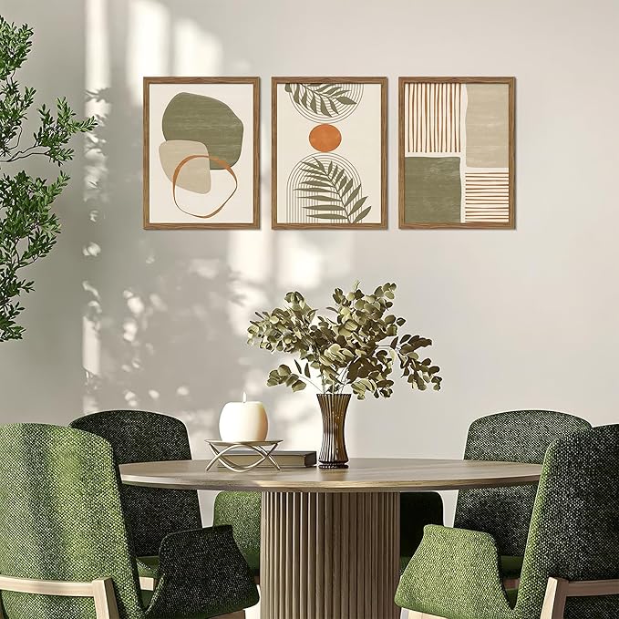 Framed Sage Green Boho Plant Wall Art Set of 3, Neutral Botanical Canvas Prints, Boho Picture Painting, Abstract Mid-Century Modern Tropical Leaf Decor for Living Room Bedroom 16x24 inch