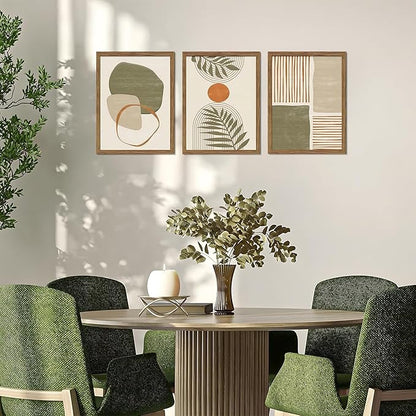 Framed Sage Green Boho Plant Wall Art Set of 3, Neutral Botanical Canvas Prints, Boho Picture Painting, Abstract Mid-Century Modern Tropical Leaf Decor for Living Room Bedroom 16x24 inch