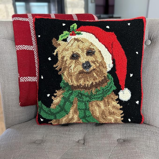 Hand Hooked Christmas Pillow - 16X16 inches Throw Pillow for Couch or Dorm (Yorkshire)