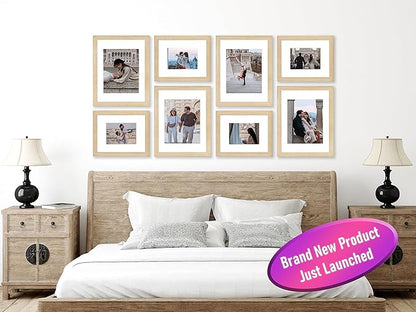 VELISTA 8 Piece Large Rectangle Gallery Wall Frame Set - Rustic Photo Frame Set with Mat 5x7/8x10 - Picture Frame Set for Wall Collage made of Composite Wood – Farmhouse Assorted Picture Frames(Oak)
