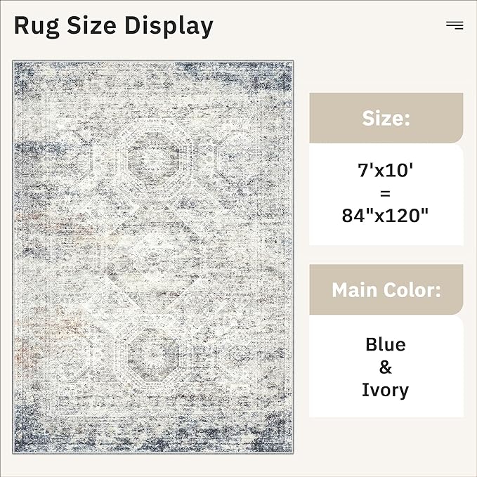 Soalmost 7x10 Area Rug for Living Room Washable Abstract Vintage Soft Thin Indoor Floor Non-Slip Carpet for Bedroom Dining Room Blue Ivory