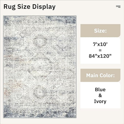 Soalmost 7x10 Area Rug for Living Room Washable Abstract Vintage Soft Thin Indoor Floor Non-Slip Carpet for Bedroom Dining Room Blue Ivory
