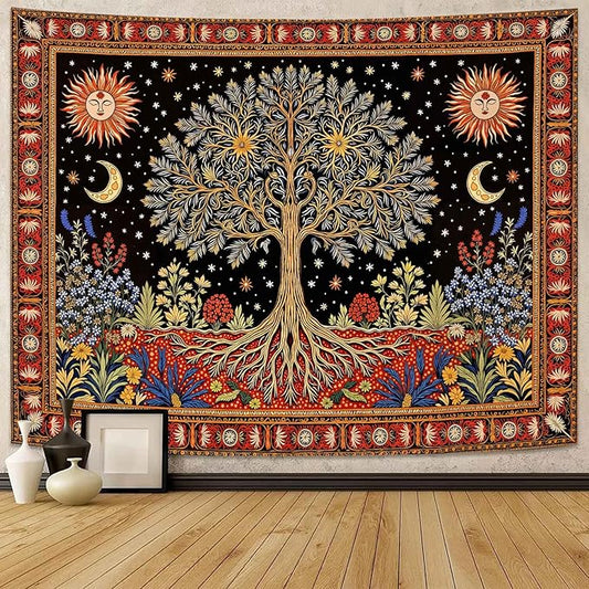 Lunerfex Tree of Life Wall Tapestry - Celestial Sun & Moon Wall Hanging for Bedroom and Living Room Decor - Boho Starry Night Tapestries 60"x44"