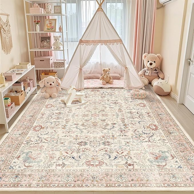 8x10 Pink Washable Area Rugs for Living Room Non Slip Low Pile Vintage Boho Throw Rug Soft Retro Distressed Floral Large Carpet Indoor Farmhouse Decor for Bedroom Dining Room Office Kitchen Playroom