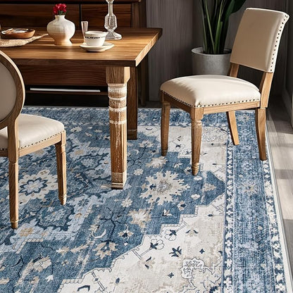 Area Rug 6x9 Vintage Rug: Washable Indoor Medallion Rugs Low Pile Distressed Floor Carpet Retro Accent Rug for Living Room Bedroom Kitchen Dining Table Home Office(Blue, 6'x9')