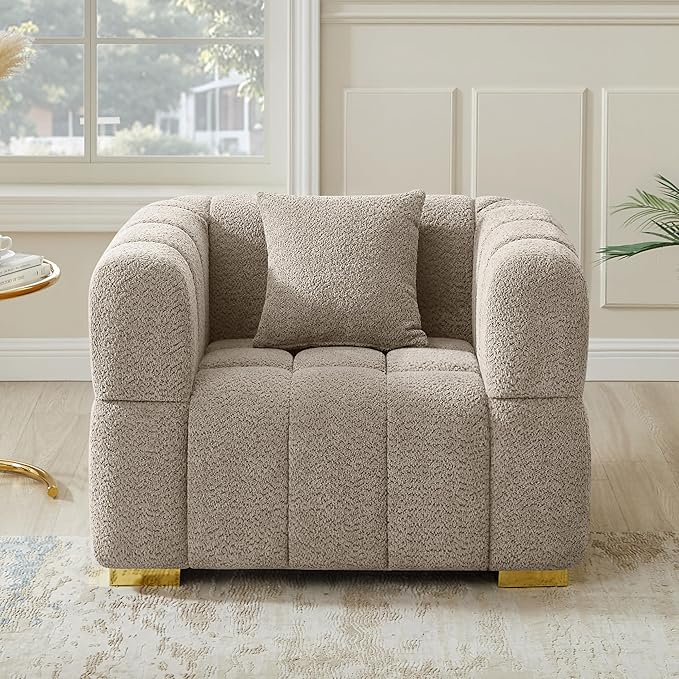 VANOMi 44.09”Oversized Accent Chair, Boucle Armchair with Deep Seat, Comfy Reading Chair for Living Room, Bedroom, Office, Apartment, Camel (1 Piece)