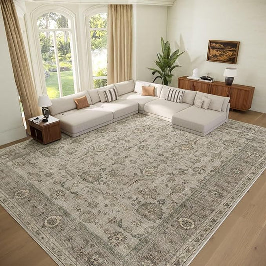 Washable 9x12 Area Rugs for Living Room, Boho Non-Slip Vintage Distress Lager Rugs for Bedroom Dining Room Nursery Office, 0.3" Neutral Oriental Throw Thin Carpet, Flaxen/Multi, B2