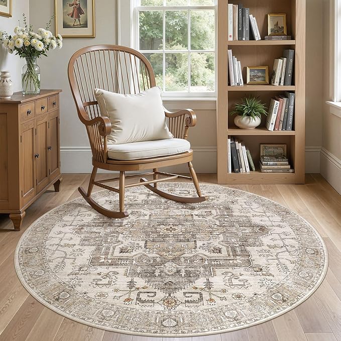 6x6 Round Area Rugs Washable Vintage - Soft Traditional Rugs for Living Room Large Non Slip Backing with Low Pile Farmhouse Oriental Retro Carpet for Bedroom Dining Room or Home Office - Light Brown