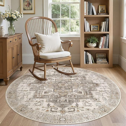 6x6 Round Area Rugs Washable Vintage - Soft Traditional Rugs for Living Room Large Non Slip Backing with Low Pile Farmhouse Oriental Retro Carpet for Bedroom Dining Room or Home Office - Light Brown